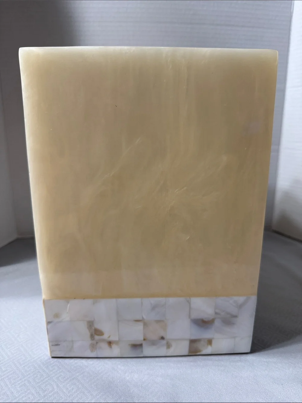 Mid Century Poured Resin Square Wastebasket Mother of Pearl Mosaic Tile Trim